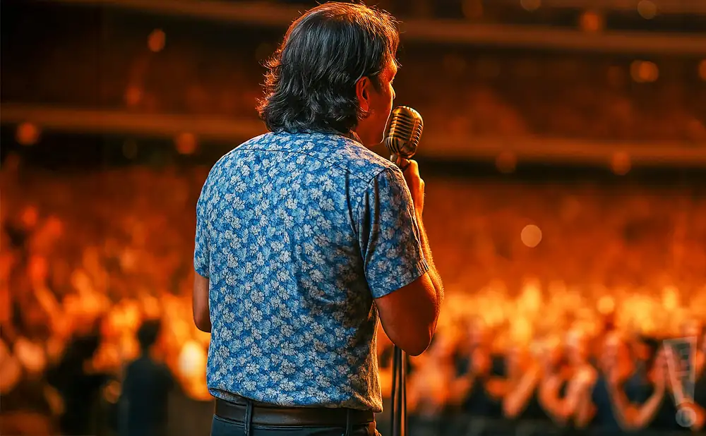 a rear view photo of flying house performing a concert on stage to a lively audience