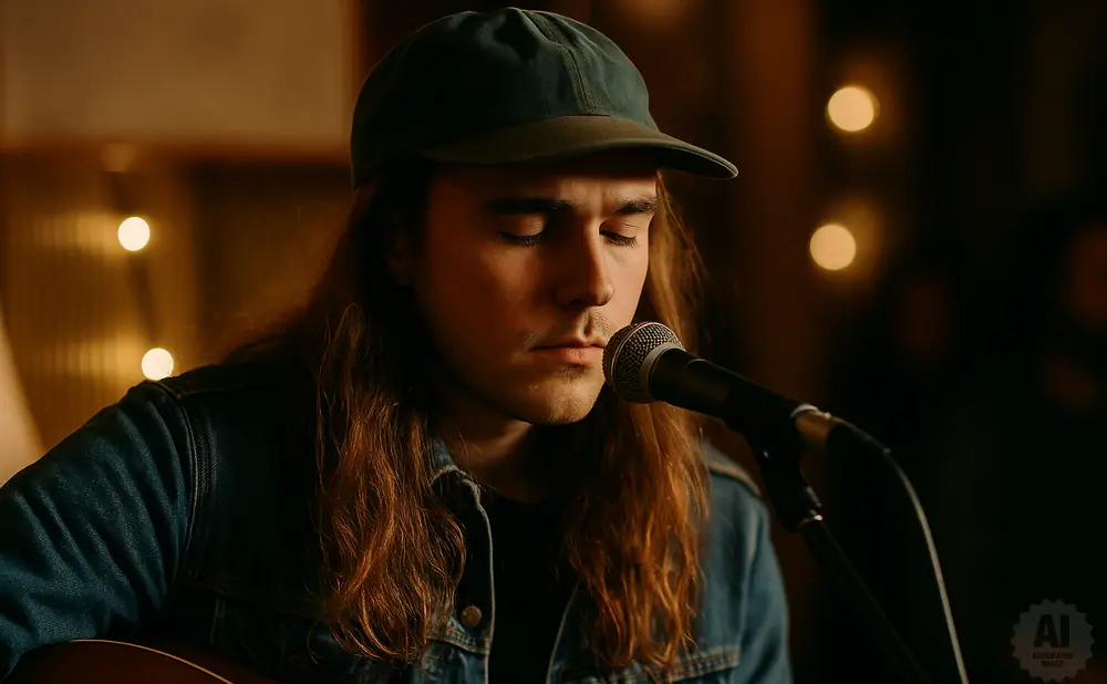 A man with long brown hair wearing a denim jacket and a baseball cap sings into a microphone.
