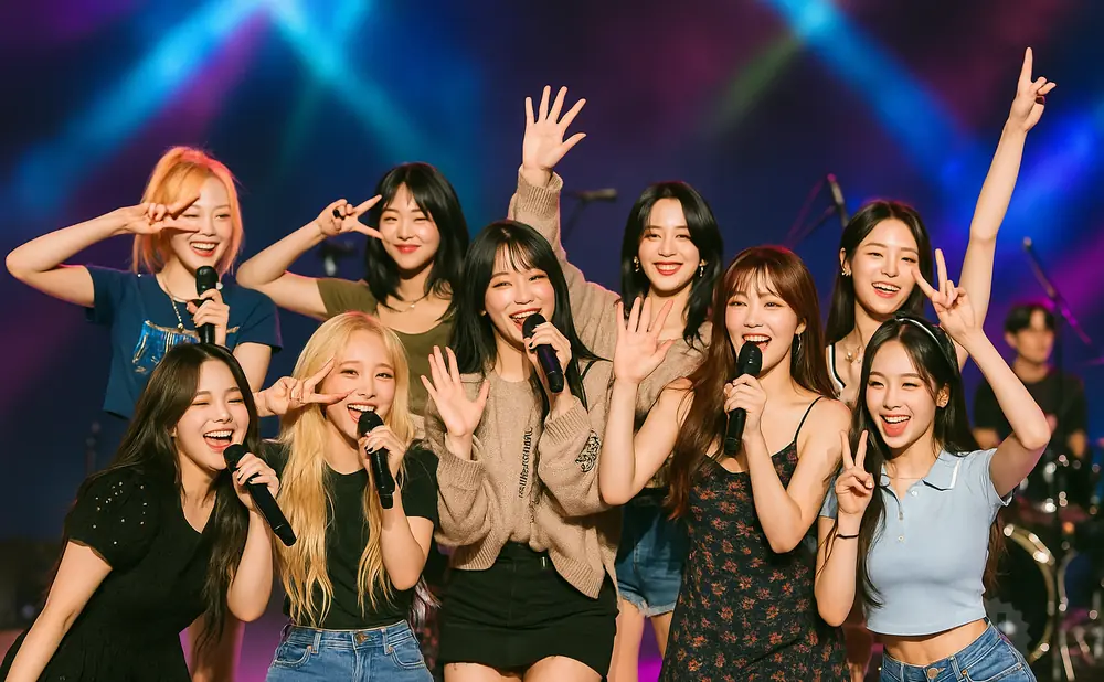 A K-pop group of eight young women posing on stage, some holding microphones and making peace signs.