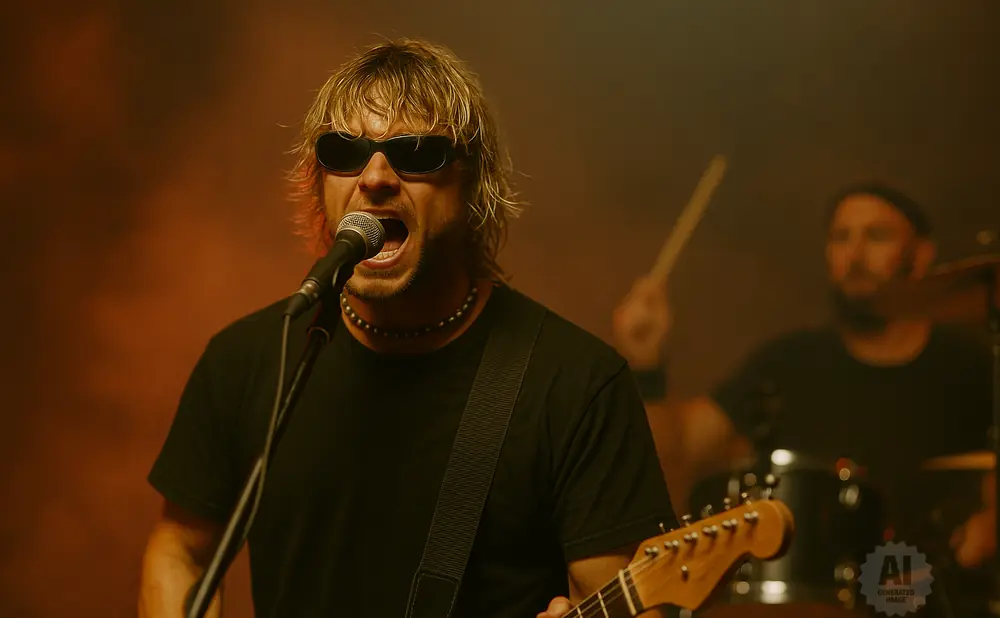 A rock singer wearing sunglasses belts into a microphone while playing a guitar.
