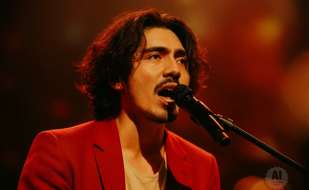 Man in a red suit singing into a microphone under warm lights.