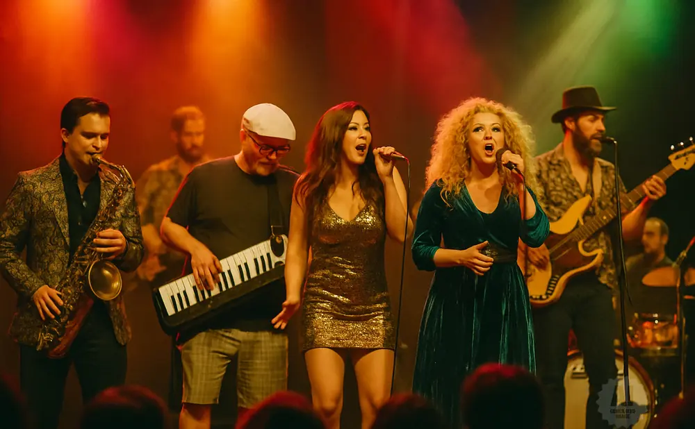 A band performs on stage. A man plays saxophone, a man plays keyboard, two women sing into microphones, and a man plays guitar.