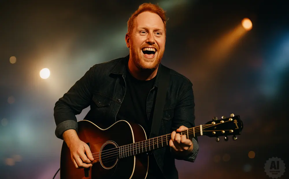 A man with red hair smiles widely while playing an acoustic guitar on stage with atmospheric lighting.