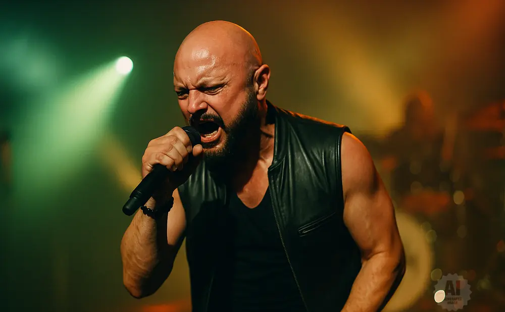 A bald, bearded man in a black leather vest sings intensely into a microphone on a stage with green and yellow lighting.