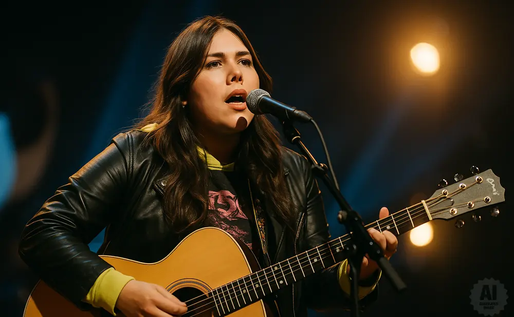 A woman with long, dark hair plays an acoustic guitar and sings into a microphone.