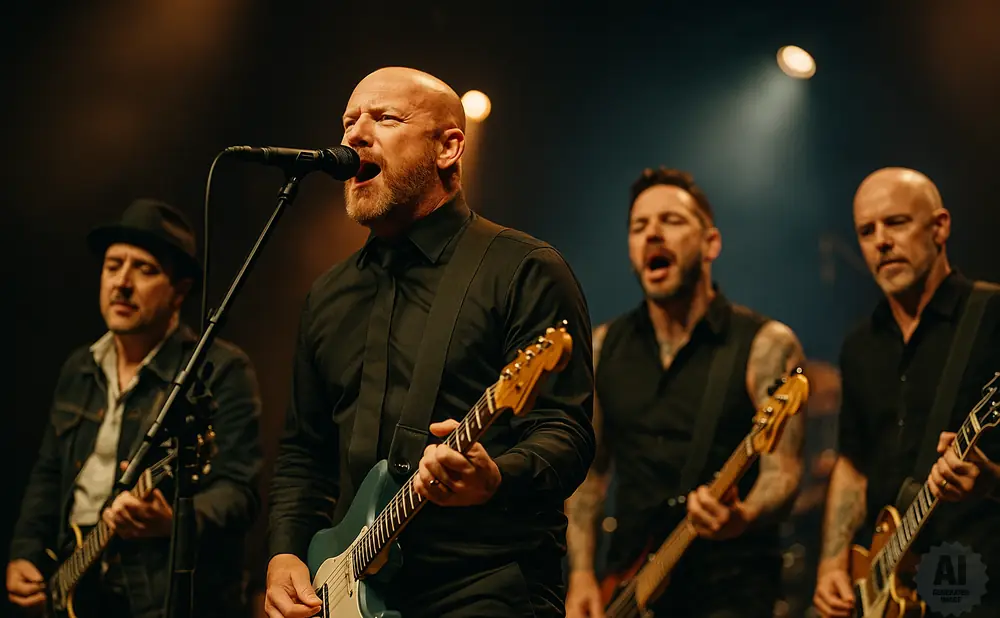 A bald man with a beard sings into a microphone while playing a guitar. Three other men play guitars behind him.