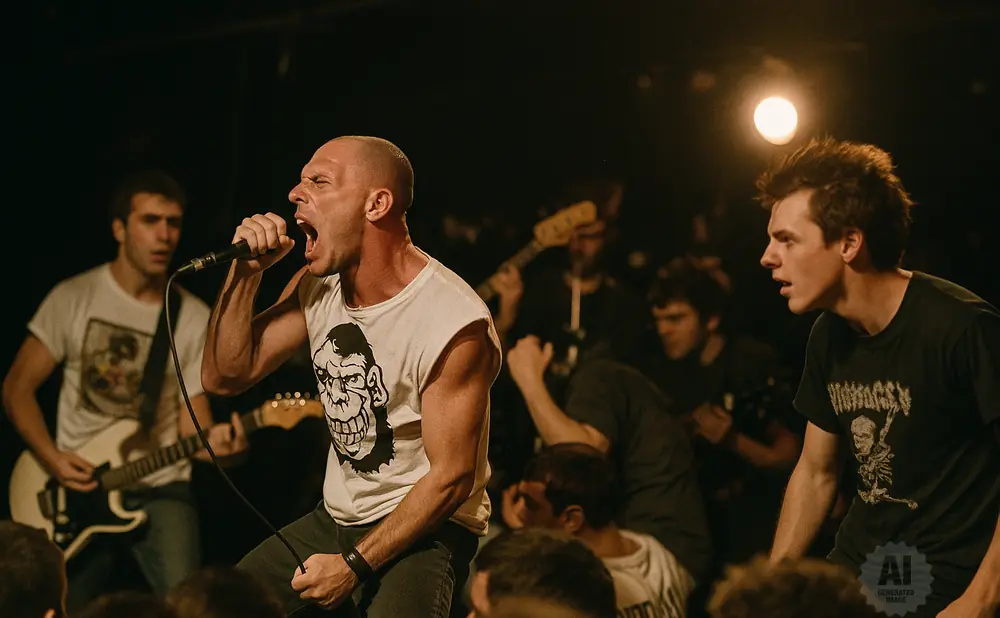 A bald man sings into a microphone while a guitarist plays in the background at a concert.