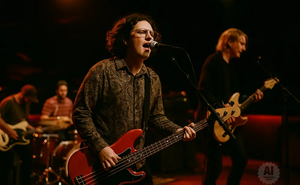 Band playing live music on stage with a singer and guitarists.