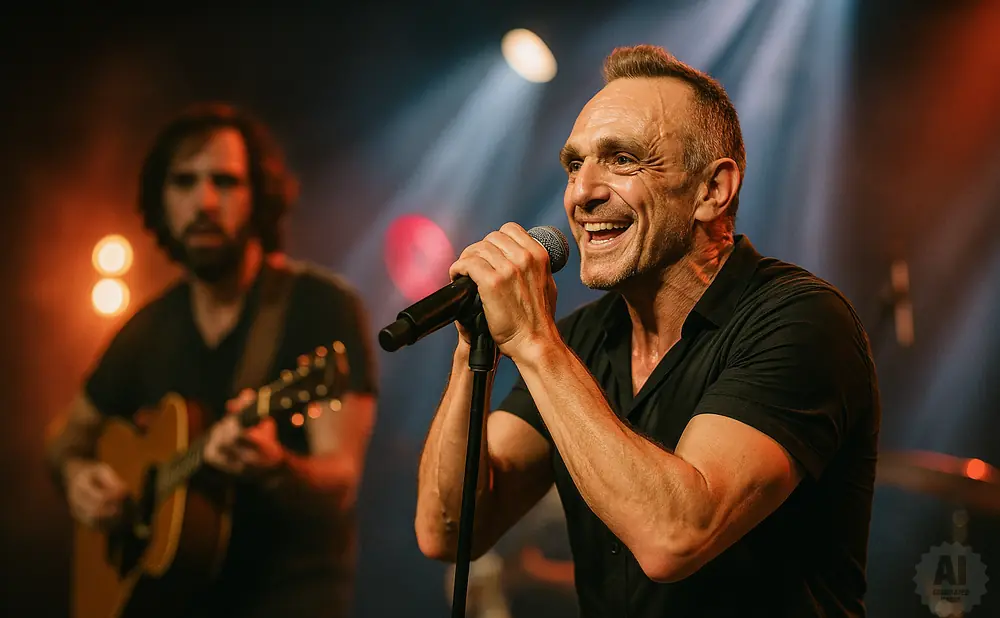 Singer on stage with microphone, guitarist in background.