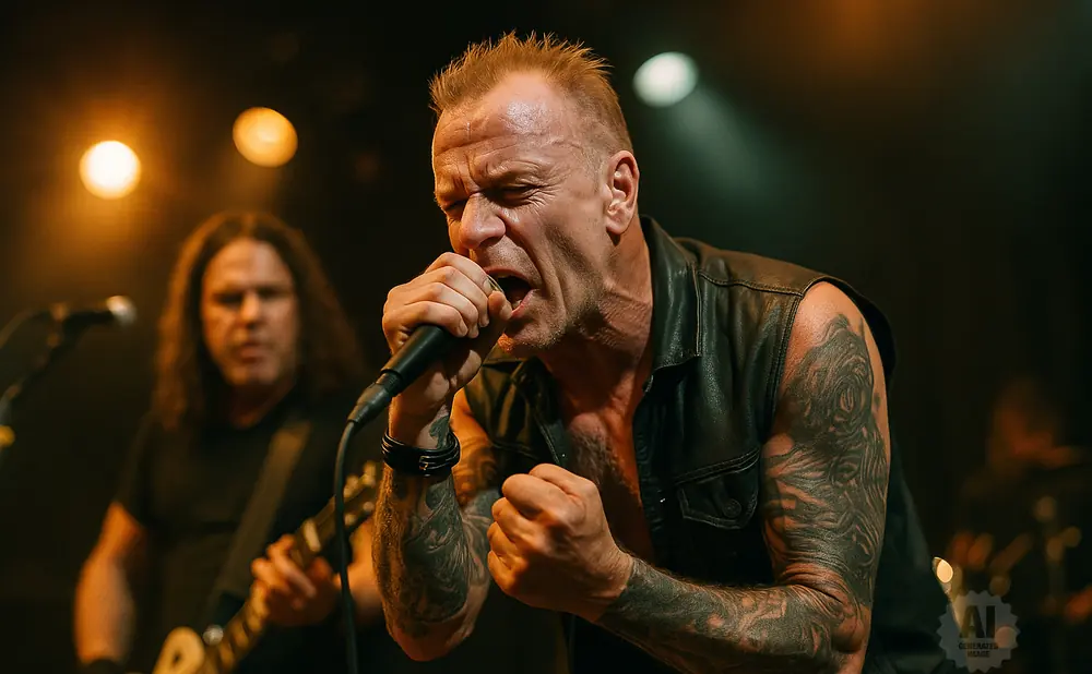 A male singer with tattoos in a black vest belts into a microphone on stage, with a guitarist behind him.