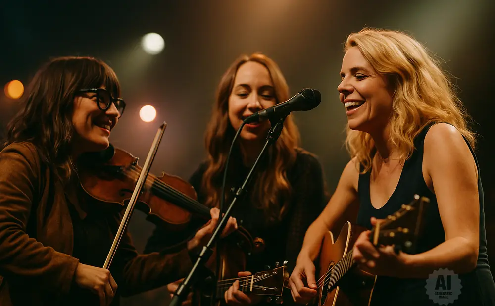 Three women playing instruments and singing on stage.