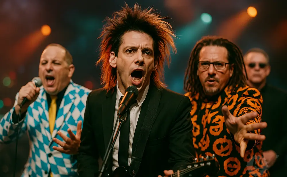 A band performs on stage with one member in a black suit and wild hair, another in a harlequin suit, and one in a pumpkin-patterned shirt.