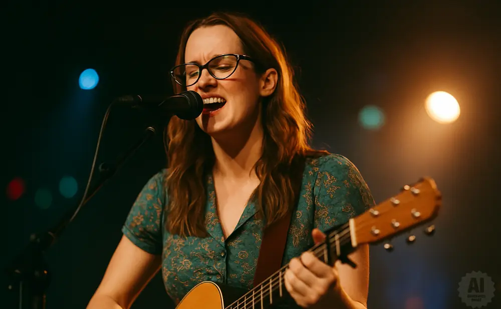 A woman with glasses sings into a microphone while playing an acoustic guitar.