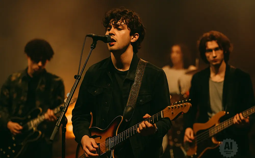 A male singer in a denim jacket plays a guitar and sings into a microphone, with bandmates playing guitar and bass behind him.