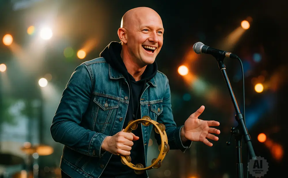 A bald man in a denim jacket laughs while holding a tambourine and singing into a microphone on stage.