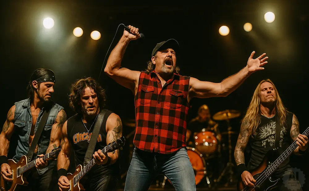 A rock band performs on stage, with a singer in a red plaid shirt in the center.