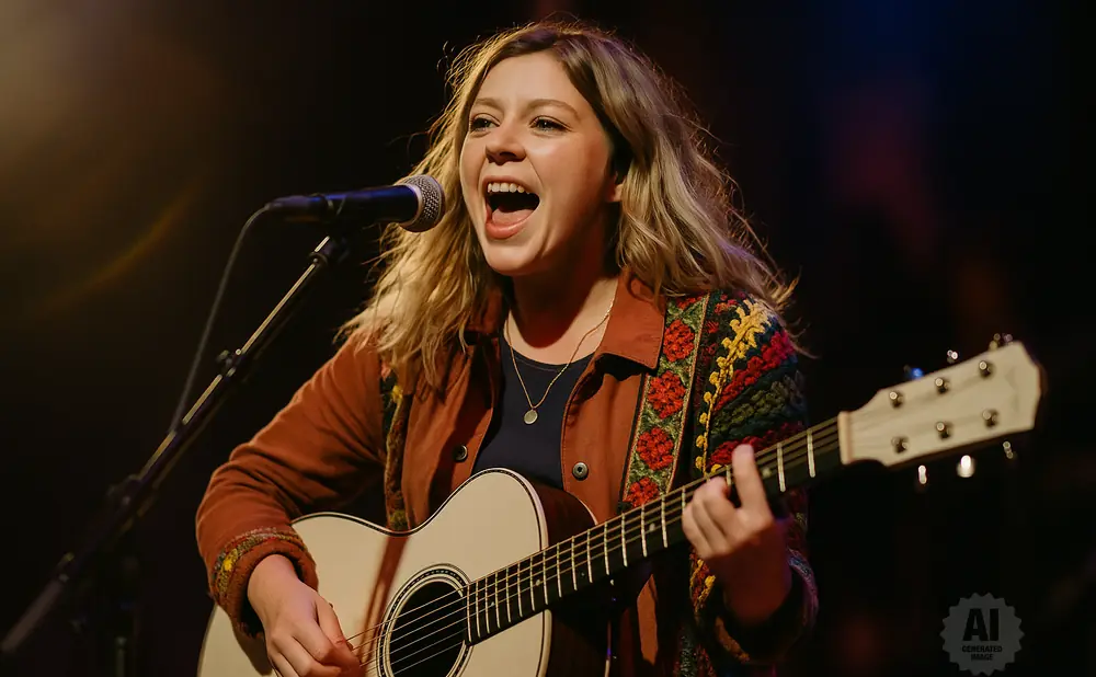 A woman with blonde hair sings into a microphone while playing an acoustic guitar.