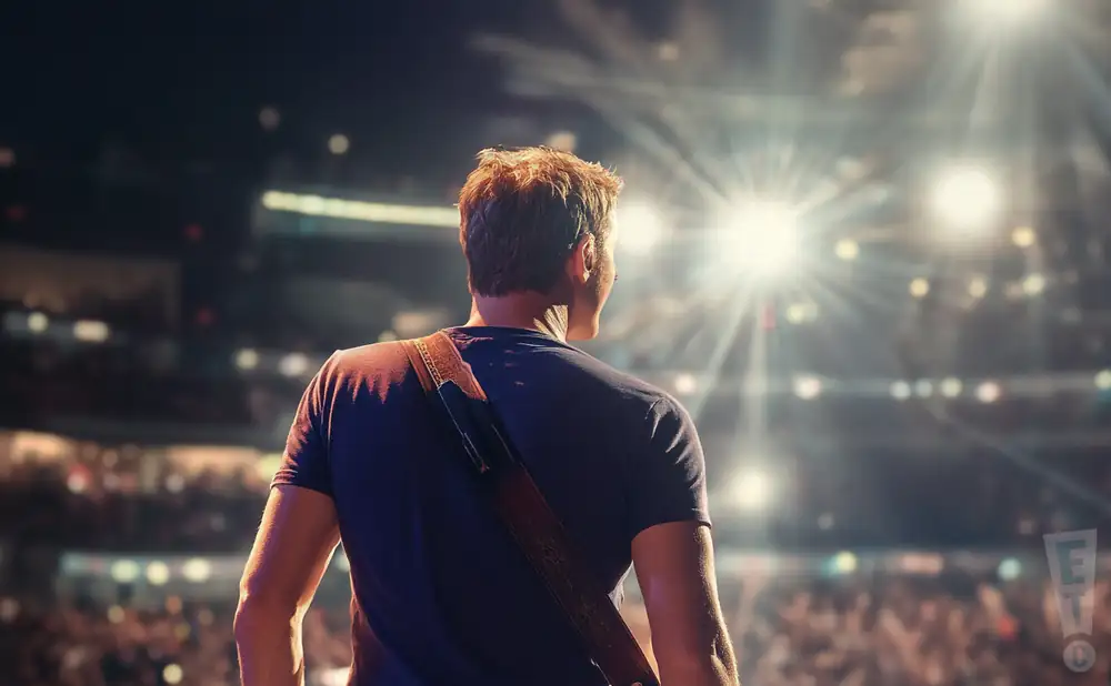 a rear view photo of james blunt performing a concert on stage to a lively audience