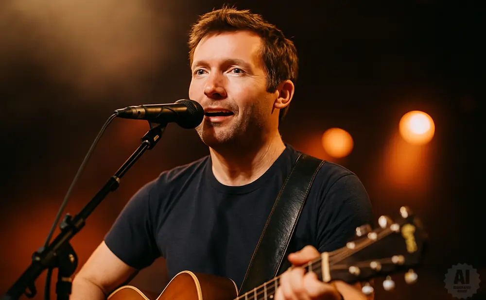 A man sings into a microphone while playing an acoustic guitar, with warm stage lights in the background.