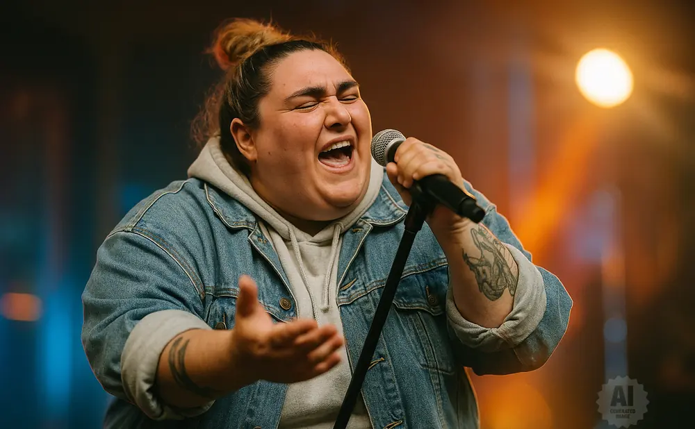 Singer with a bun in her hair sings into a microphone, wearing a denim jacket and hoodie.