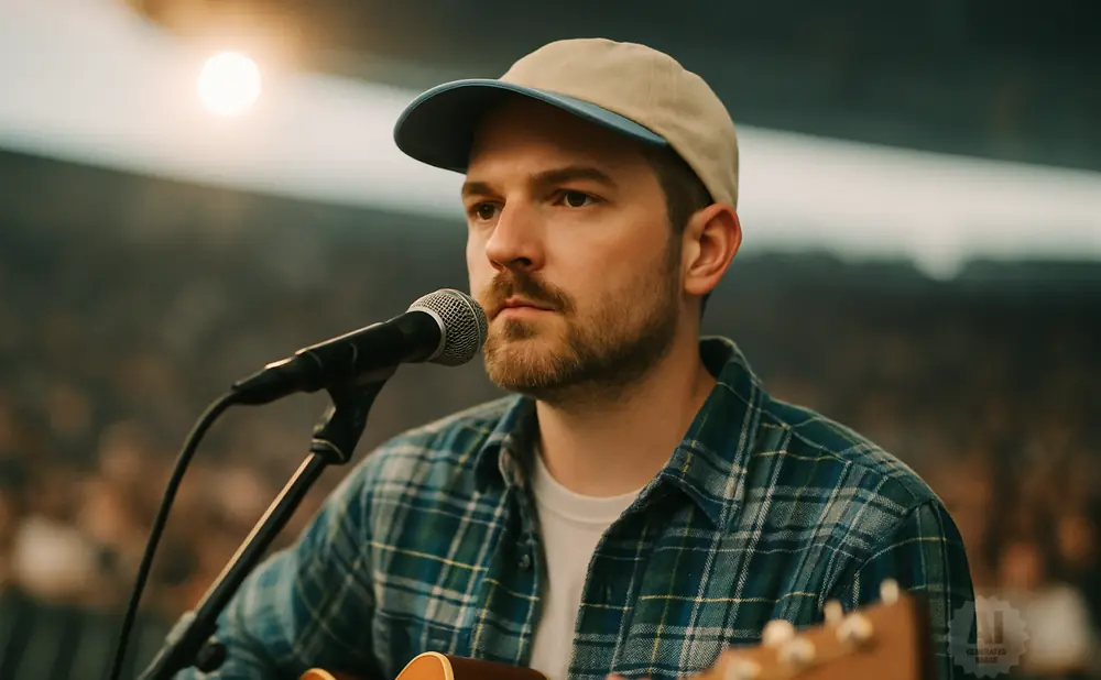 A man wearing a baseball cap and plaid shirt plays an acoustic guitar and sings into a microphone.