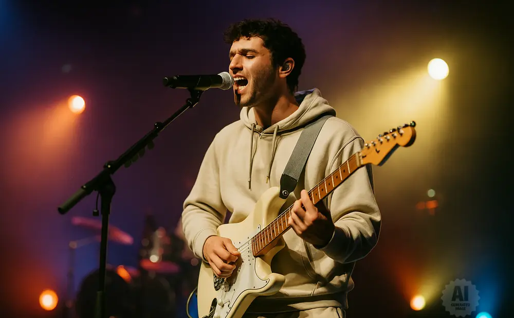 A male guitarist sings into a microphone while playing a cream-colored electric guitar on stage.