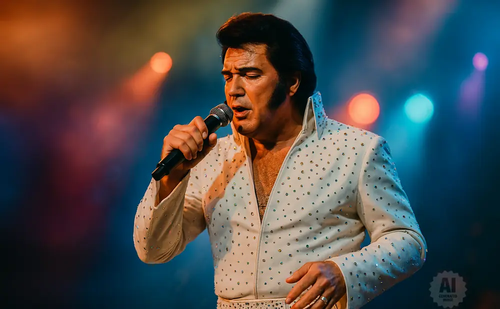 An Elvis Presley impersonator in a white, rhinestone-covered jumpsuit sings into a microphone on a dimly lit stage with colorful lights in the background.