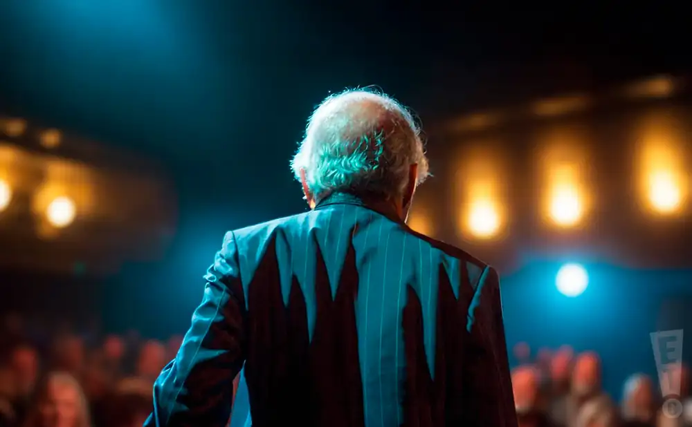 a rear view photo of joe grushecky performing a concert on stage to a lively audience