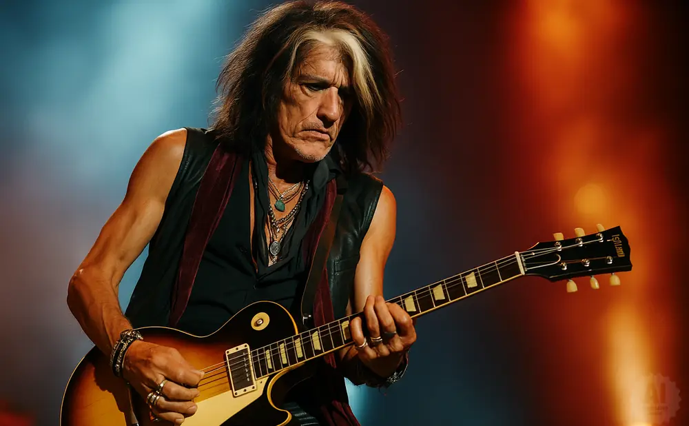 Joe Perry plays a sunburst Gibson Les Paul guitar on stage.