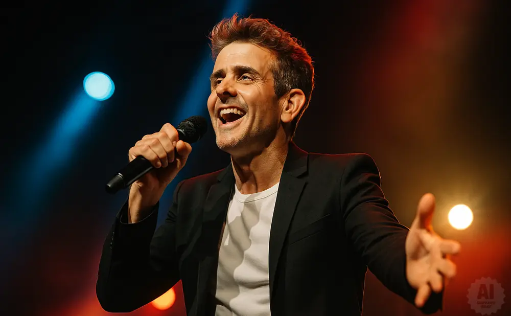 A man in a black suit and white shirt sings into a microphone on stage, bathed in blue and orange lights.