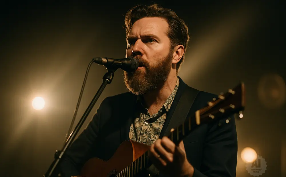 A man with a beard plays an acoustic guitar and sings into a microphone on stage with soft lighting.