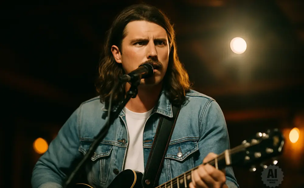 Man with long hair and mustache playing an acoustic guitar while singing into a microphone.