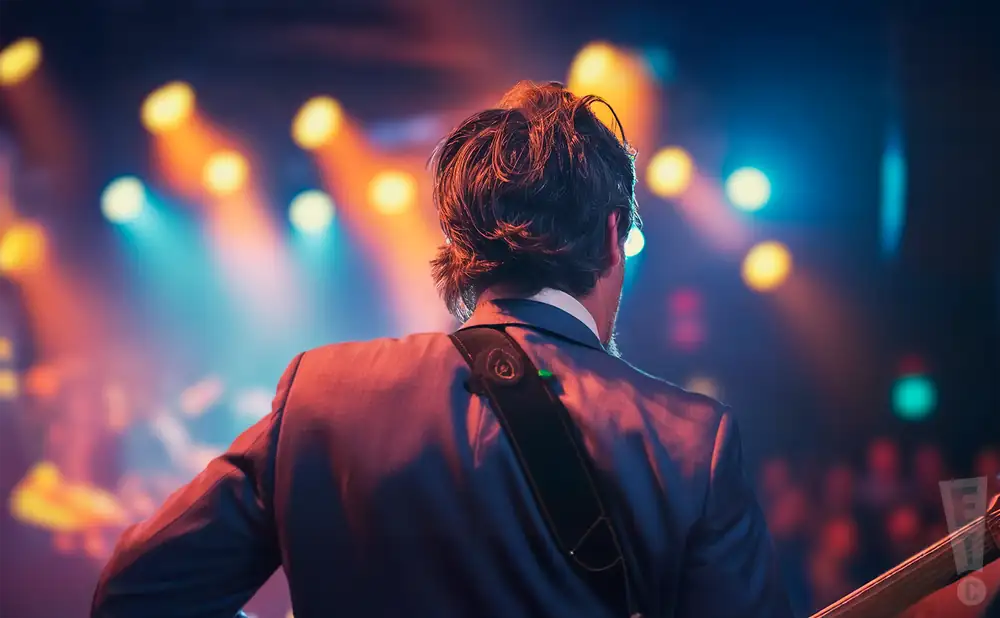 a rear view photo of john paul white performing a concert on stage to a lively audience