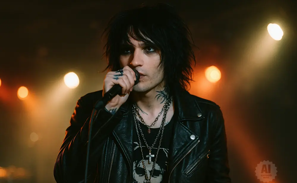 A male rock singer with black hair and makeup holds a microphone, wearing a leather jacket and chains.