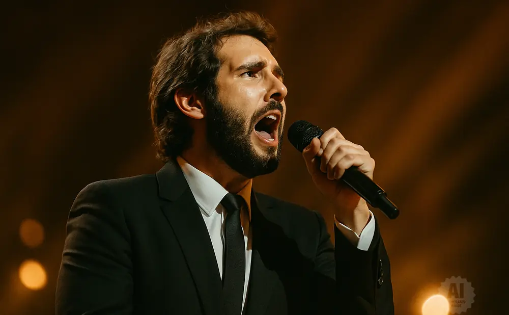 A man in a black suit sings into a microphone, his mouth open in song.