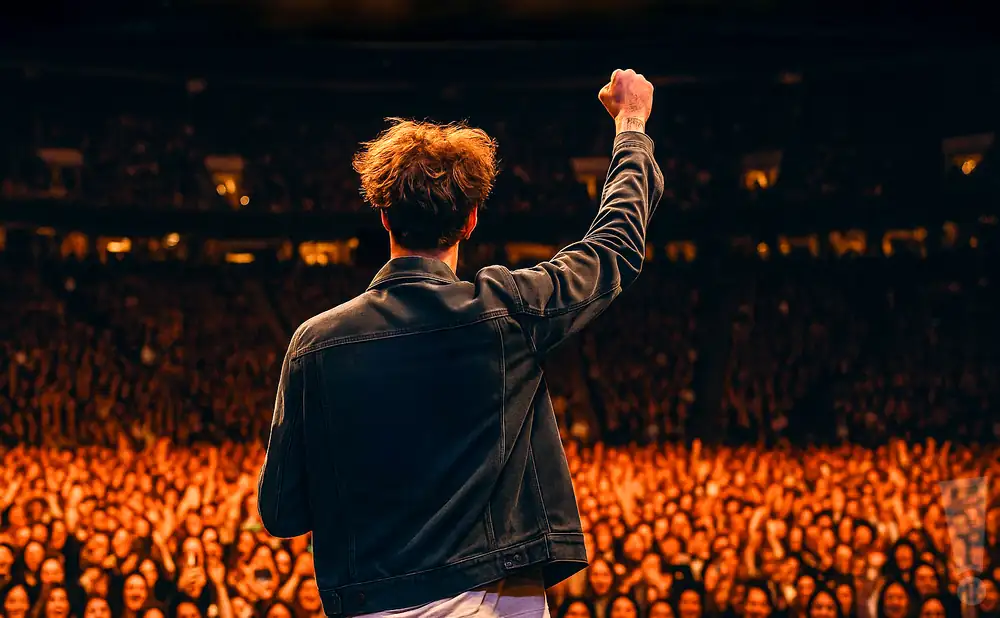 a rear view photo of jxdn performing a concert on stage to a lively audience