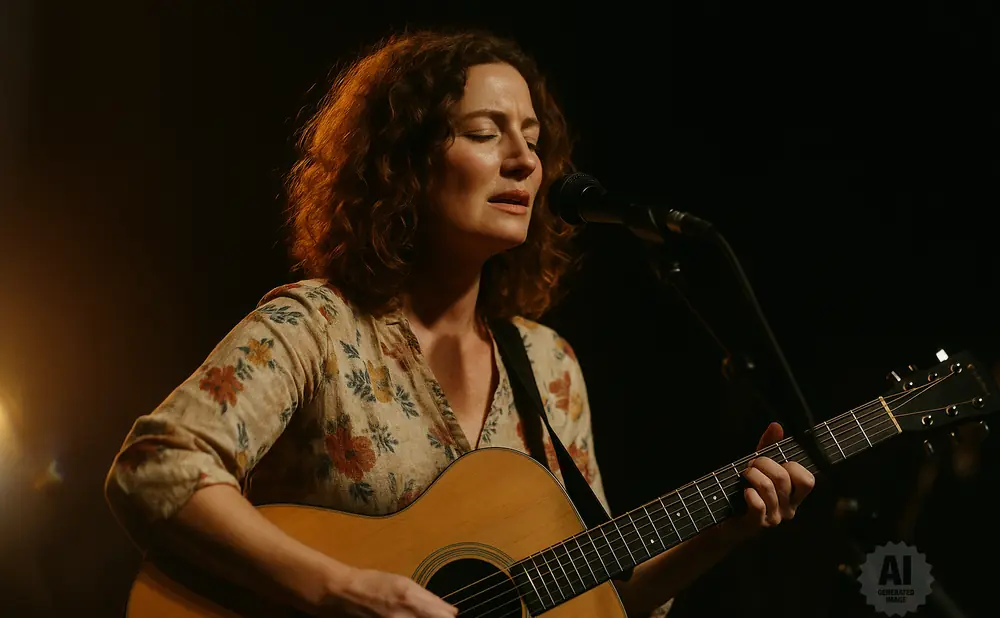 A woman with curly brown hair sings into a microphone while playing an acoustic guitar on a dimly lit stage.