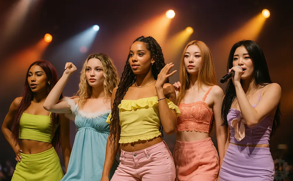 Five young women on stage in pastel outfits, some singing into microphones, under dramatic lighting.