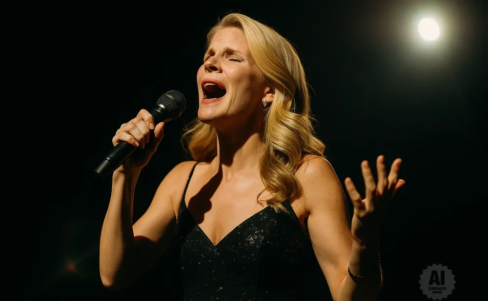 A blonde woman in a black sequined dress sings into a microphone on a dark stage.
