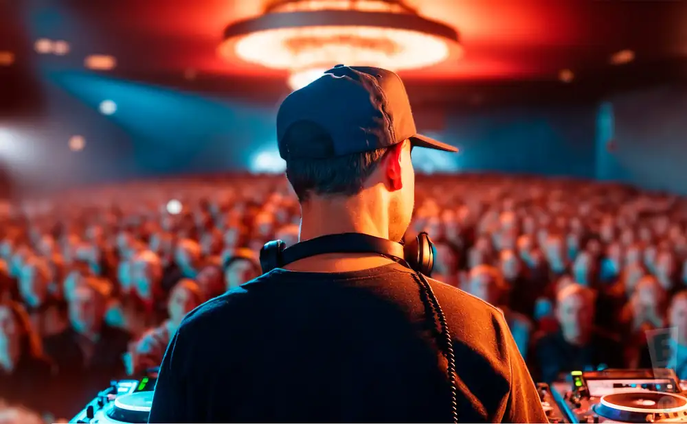 a rear view photo of kidcutup performing a concert on stage to a lively audience