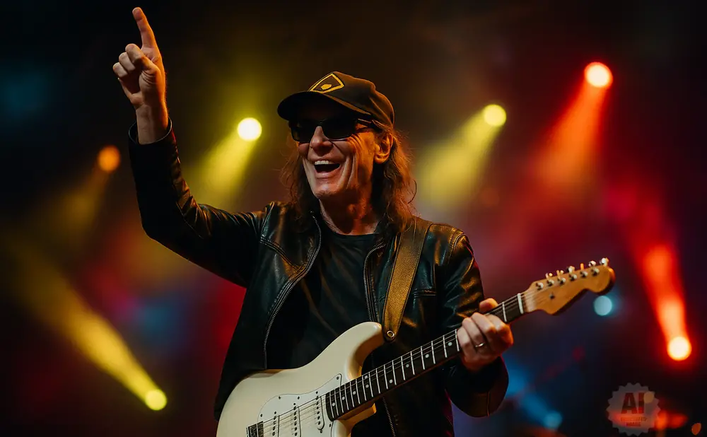 A man in a black leather jacket and cap plays a white electric guitar on stage, with colorful lights behind him.