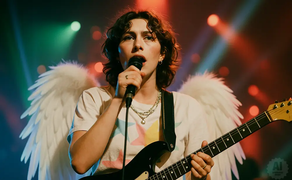 A woman with curly hair and angel wings sings into a microphone while playing a guitar.