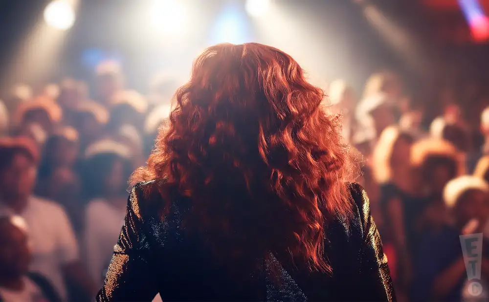 a photograph depicting the view from behind clémence bringtown from the band la compagnie créole performing on stage in front of an audience