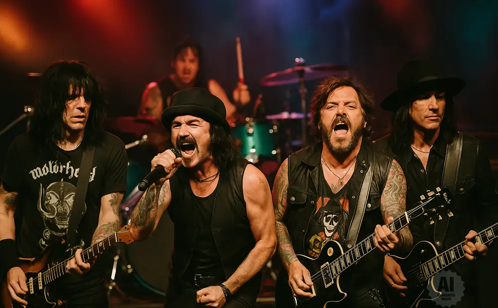 A rock band performs on stage with singers and guitarists in black.