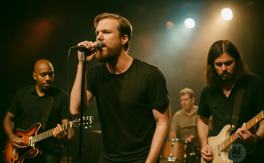 A band performs on stage with a lead singer in front and guitarists and drummer behind.