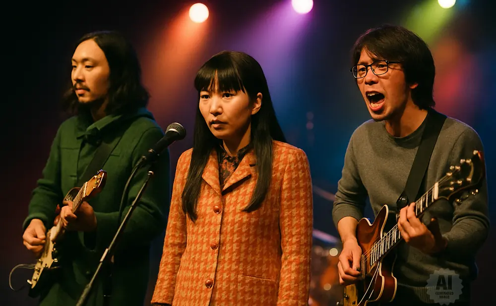 Three band members performing on stage. The leftmost man plays a guitar and wears a green coat. A woman in the middle wears an orange coat. The rightmos…