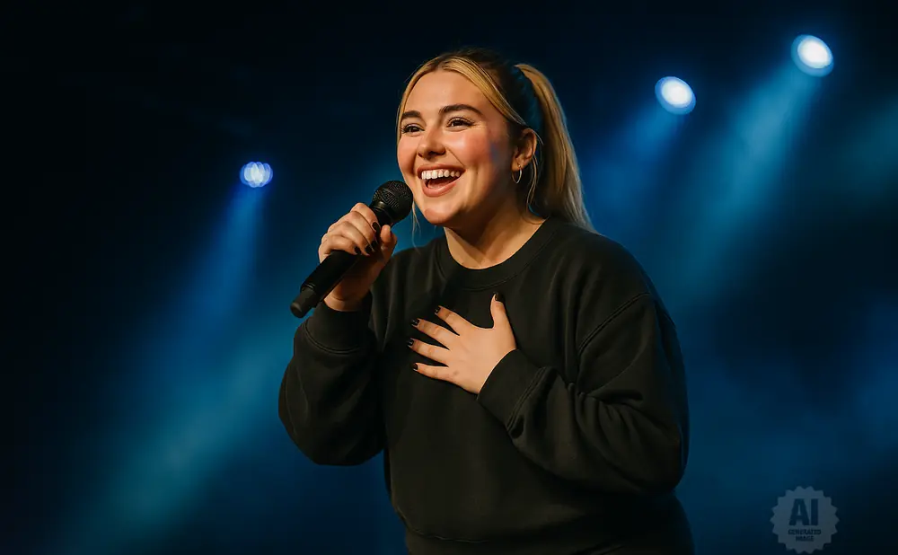 A woman with blonde hair in a ponytail sings into a microphone, holding her other hand to her chest.