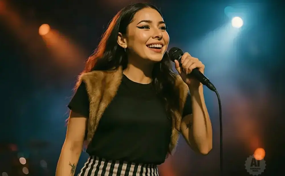 A woman sings into a microphone on a stage, wearing a black shirt and a furry vest.