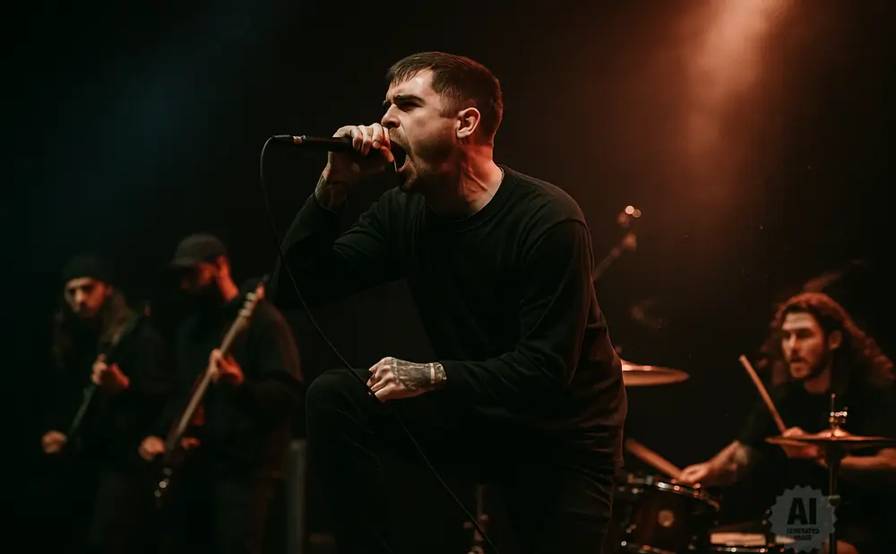 A male singer in a black shirt shouts into a microphone on stage, with bandmates playing instruments behind him.