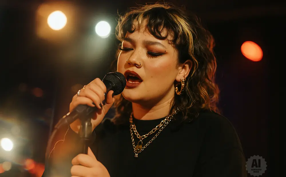 A woman with dark curly hair and gold hoop earrings sings into a microphone, wearing a black top and necklaces.